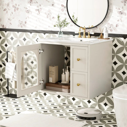 Wall-mounted vanity with sink, 2 drawers and soft-close door in light gray with brass faucet on Tampa Home & Garden Store