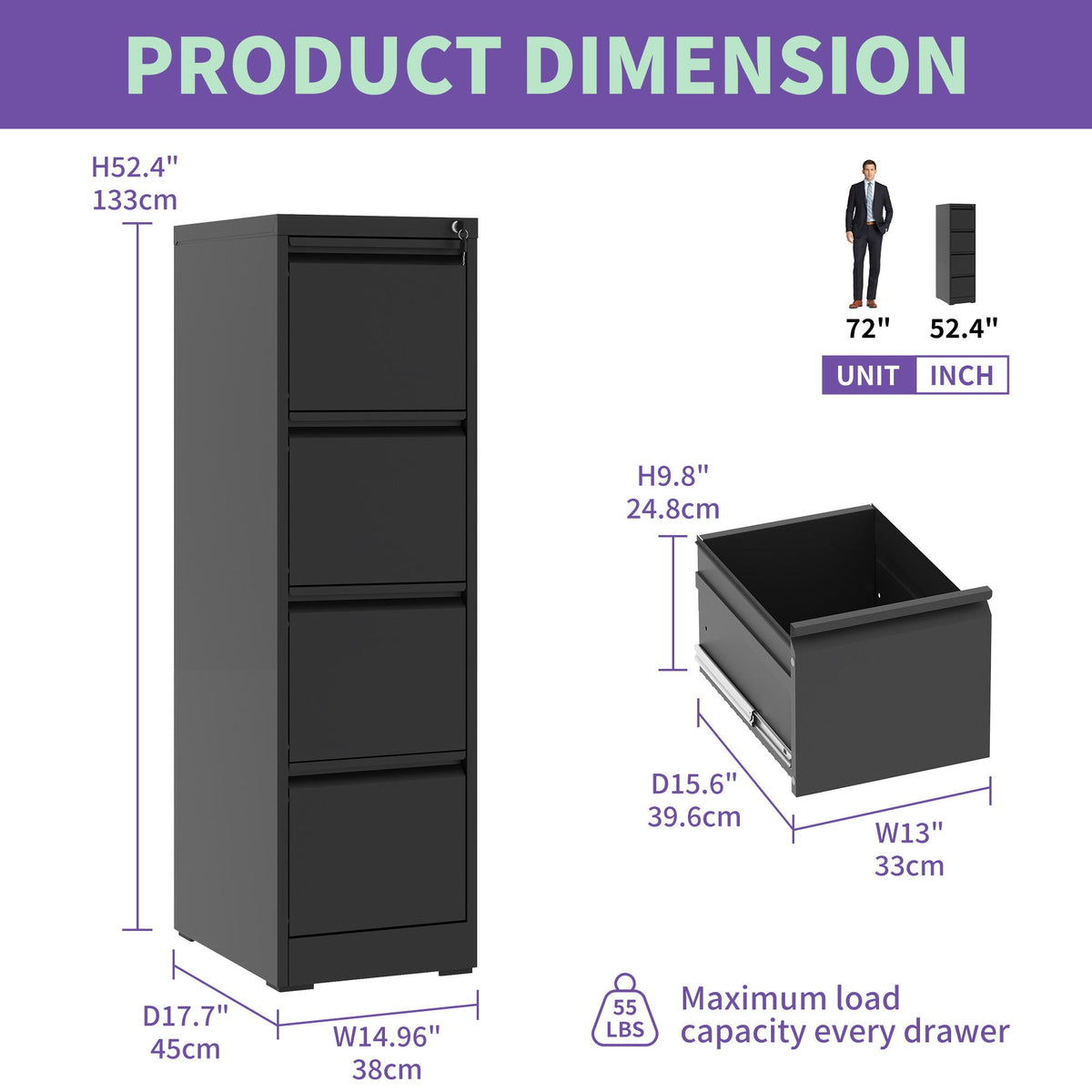 Steel vertical lockable filing cabinet, HouseOfZazla, black finish, tall unit on Tampa Home & Garden Store