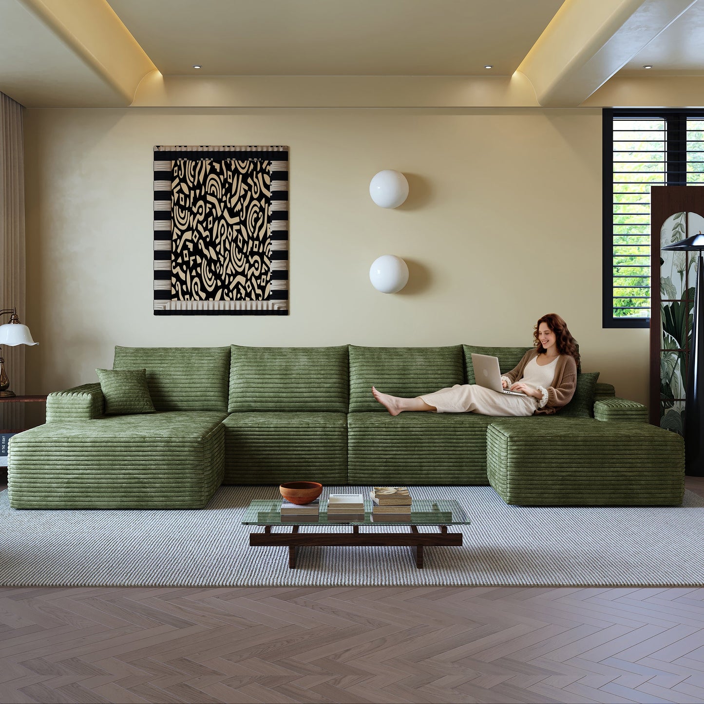 135 Cloud Sectional Sofa with 1 Ottoman in green ribbed upholstery on Tampa Home & Garden Store