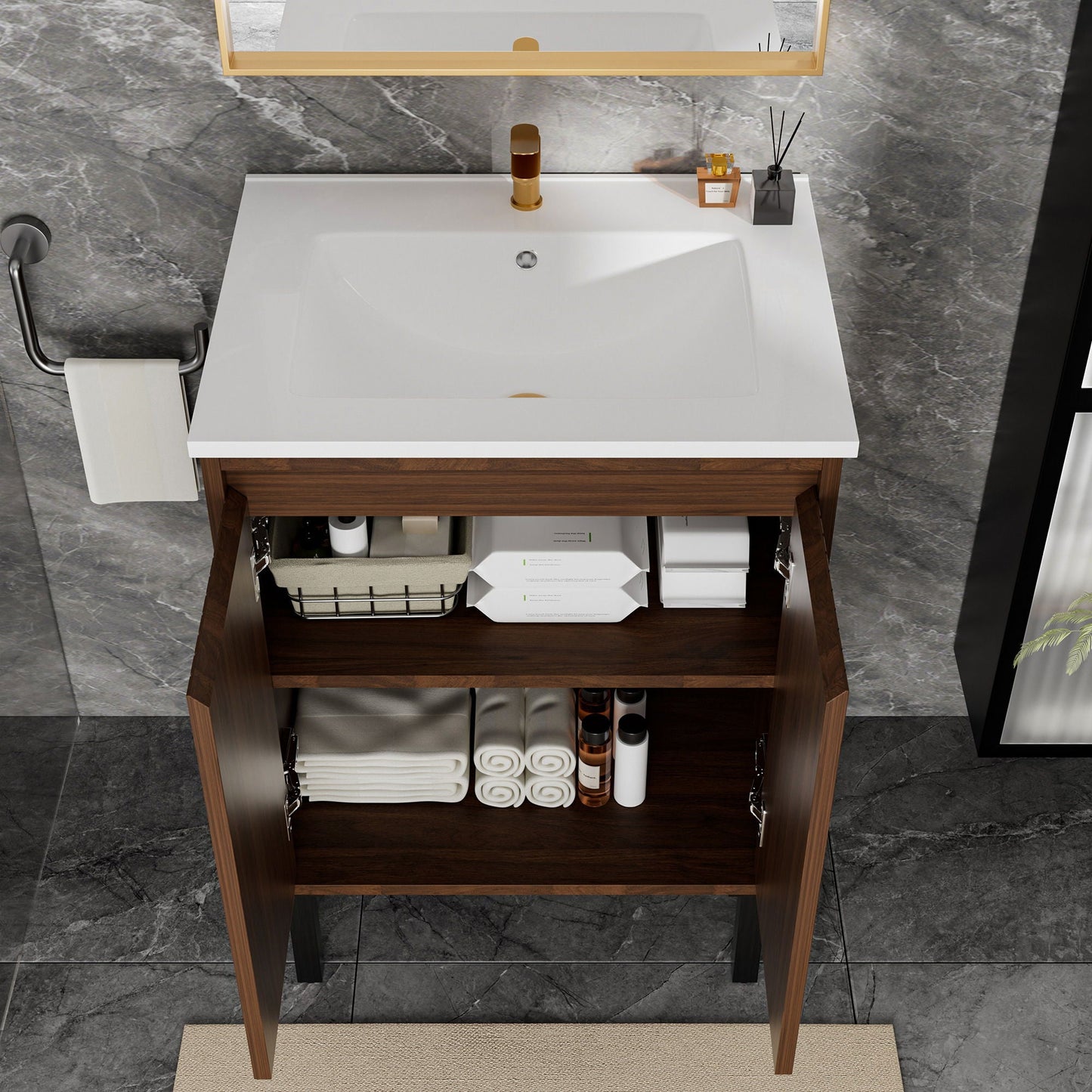 Bathroom vanity with white ceramic sink on floor-standing base, gold faucet and softclose drawers on Tampa Home & Garden Store