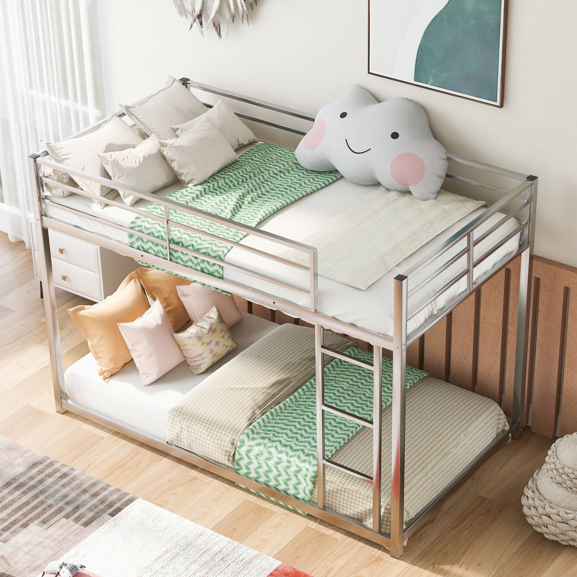 Metal bunk bed by HouseOfZazla, silver frame with ladder, two twin bunks with green chevron bedding on Tampa Home & Garden Store