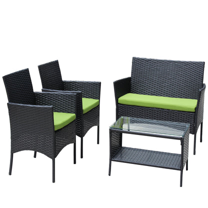 4-Piece rattan patio set with dark wicker and lime cushions includes sofa, chairs, table on Tampa Home & Garden Store
