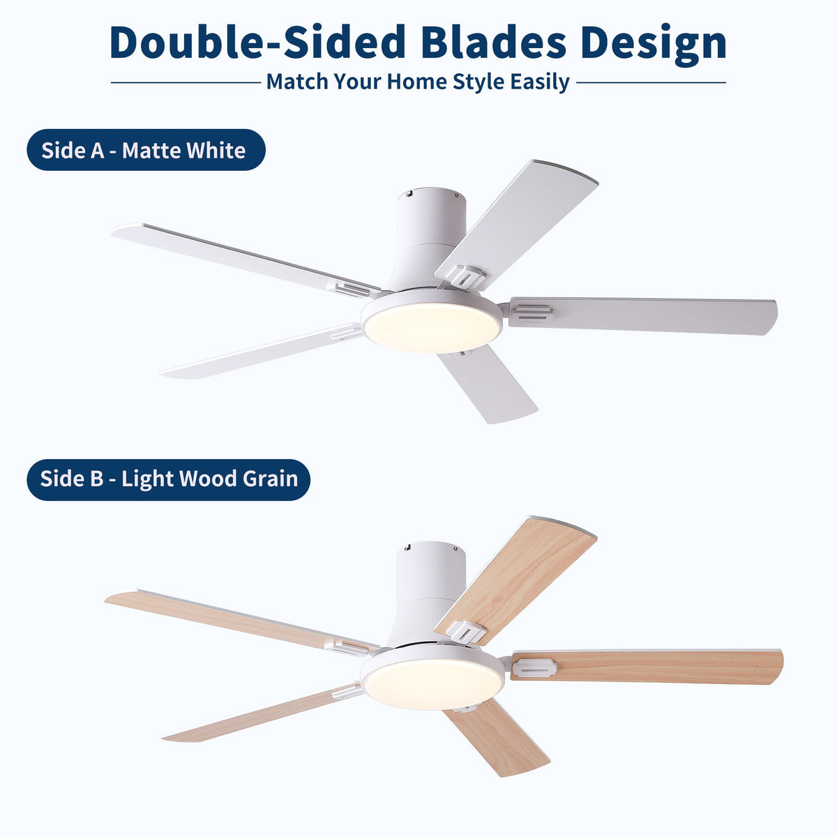 Flush mount fan with LED light remote; Side A matte white blades, Side B light wood grain on Tampa Home & Garden Store
