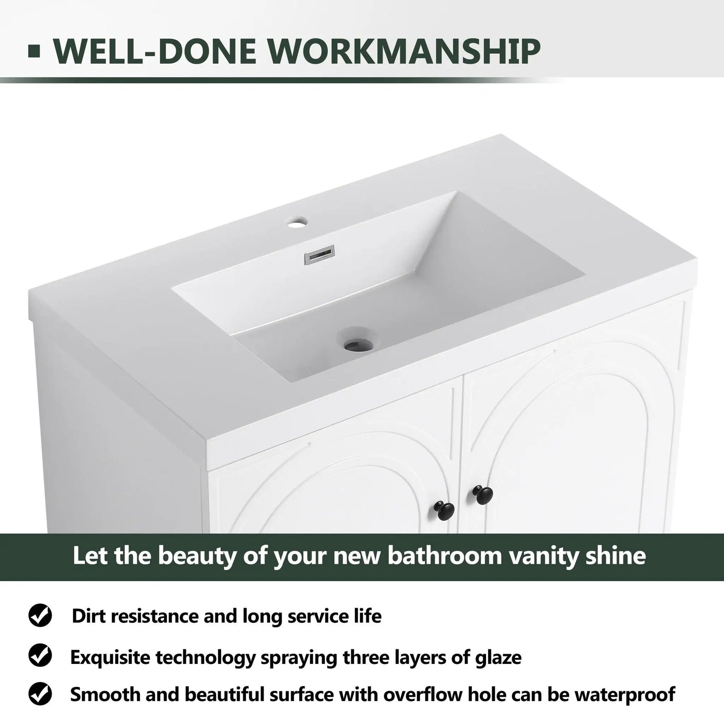 White freestanding bathroom vanity with resin sink and soft-close doors by Unique Piece Furniture on Tampa Home & Garden Store