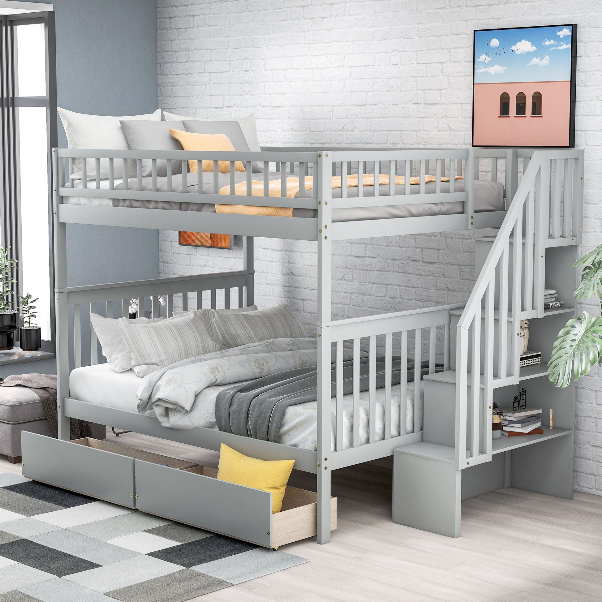 Bunk Bed With Staircase gray finish with built-in stairs and two sleeping levels on Tampa Home & Garden Store