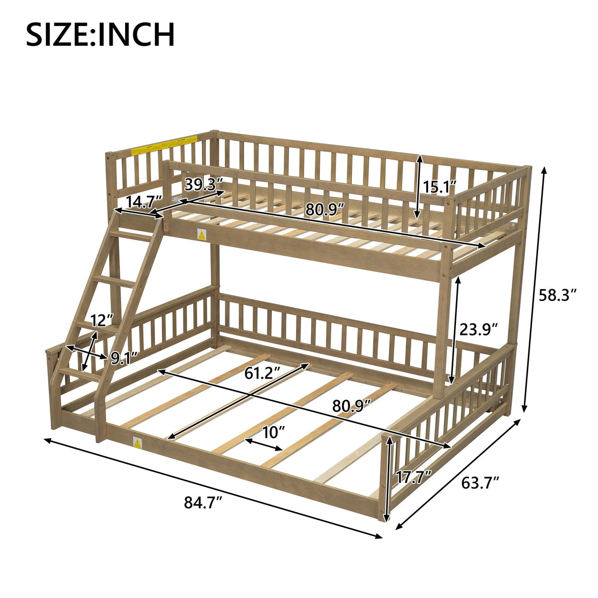 Bunk bed with ladder and guardrails in natural wood finish, HouseOfZazla bunk beds on Tampa Home & Garden Store