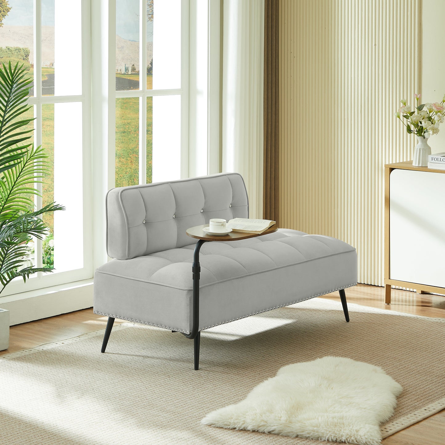 54-Inch Modern Two-Seater Velvet Sofa with Rotating Table, gray velvet, nailhead trim, wood table on Tampa Home & Garden Store