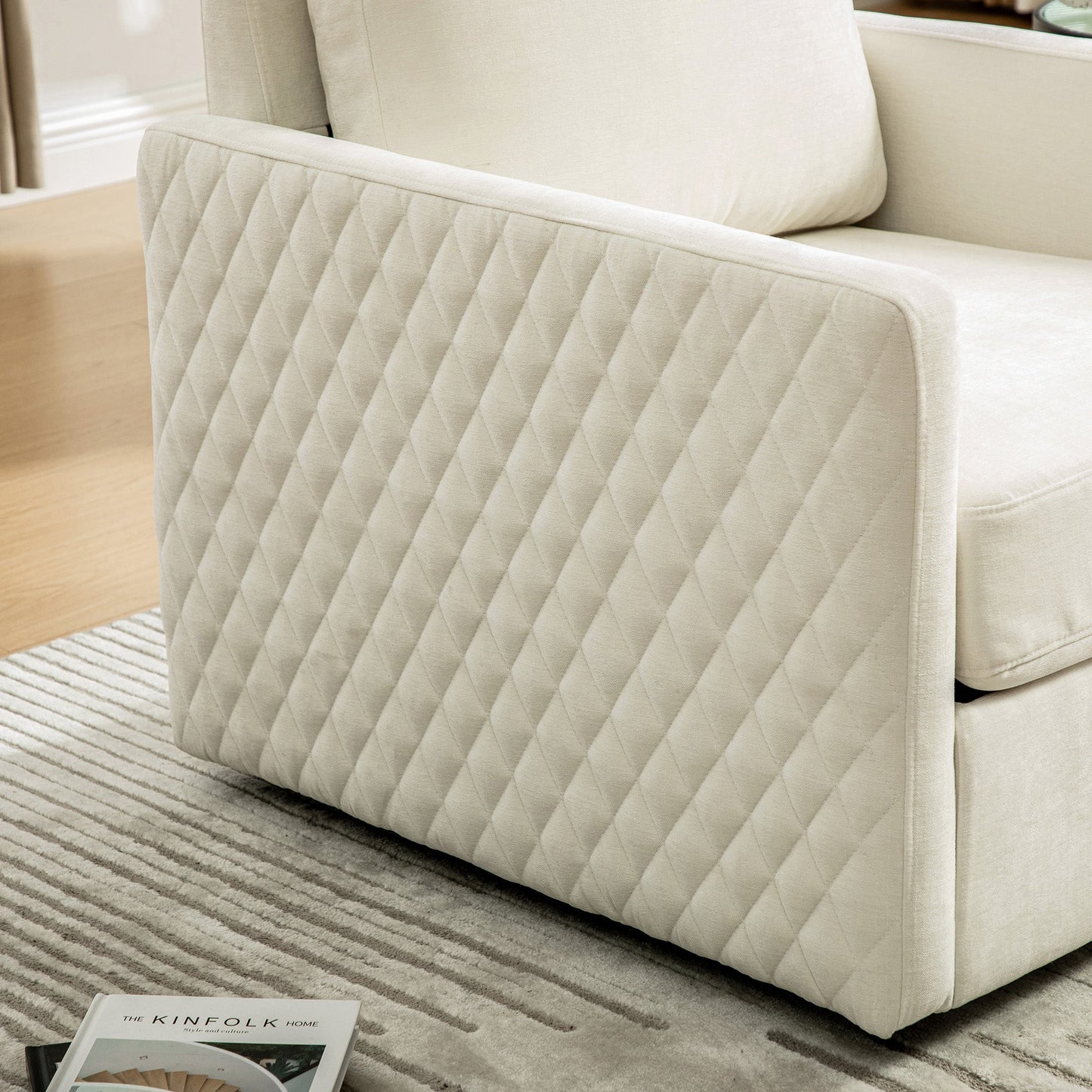 29.5W upholstered 360-degree swivel armchair with hidden storage in beige quilted fabric on Tampa Home & Garden Store