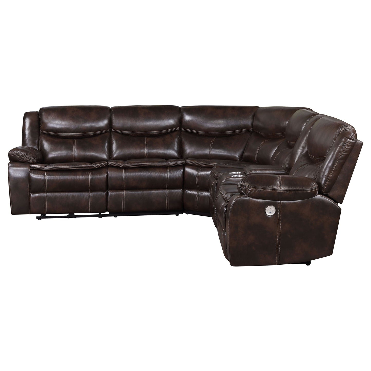 Mclean power reclining sectional sofa with storage console in dark brown leather, chaise lounge on Tampa Home & Garden Store