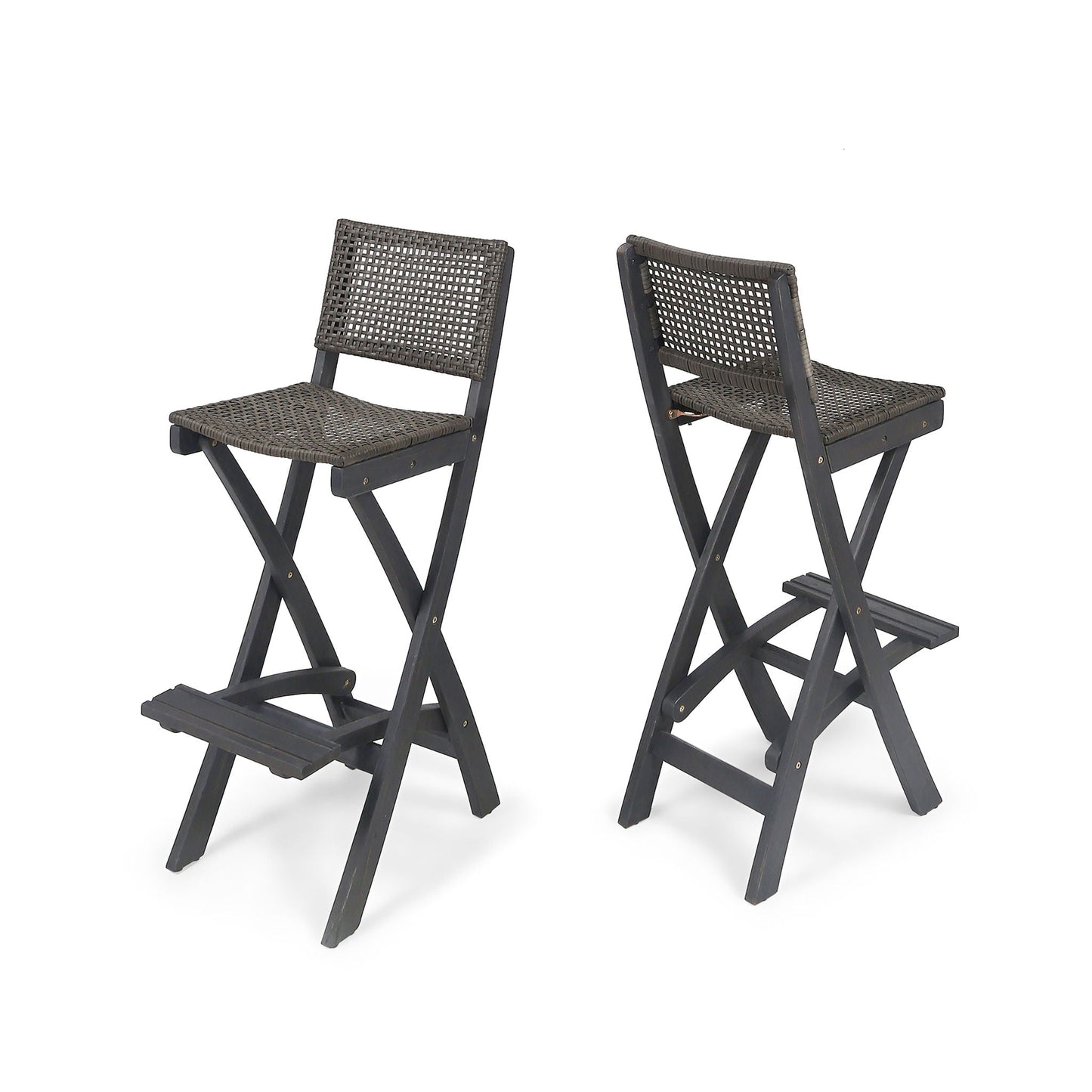 Outdoor folding acacia wood barstools with rattan backrest and seat, dark weave pair on Tampa Home & Garden Store