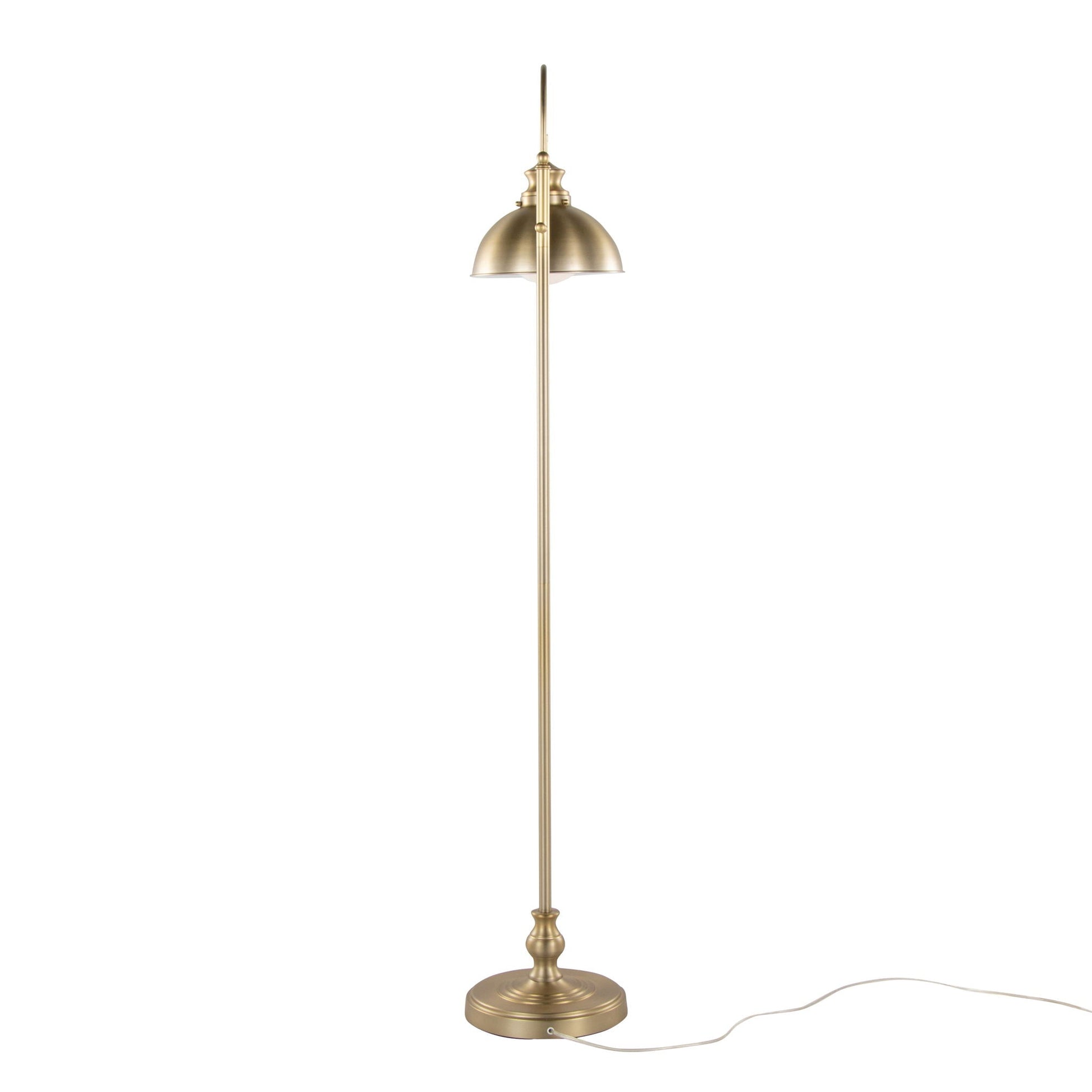 Emery contemporary metal floor lamp in brass finish with domed shade and slender base on Tampa Home & Garden Store