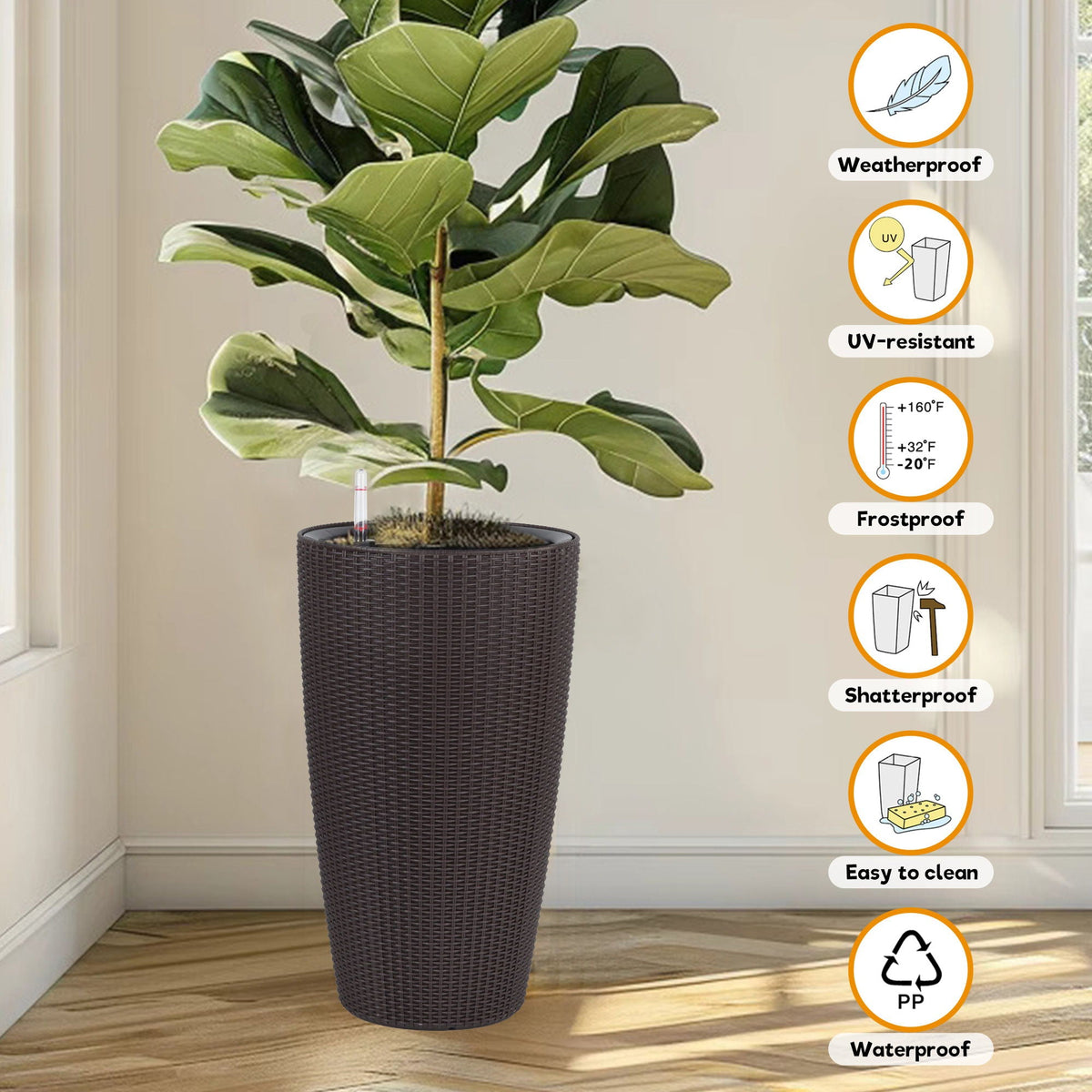 Tall planters set by HouseOfZazla in brown wicker with water level monitor on Tampa Home & Garden Store