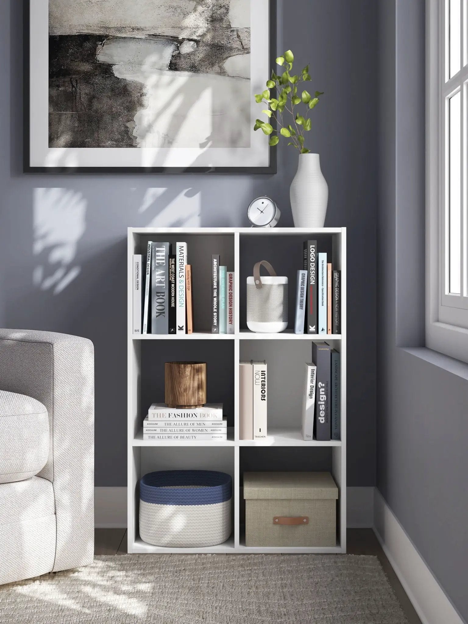 Onita Cube Organizer white cube storage with books, baskets, a clock and a white vase on shelf on Tampa Home & Garden Store