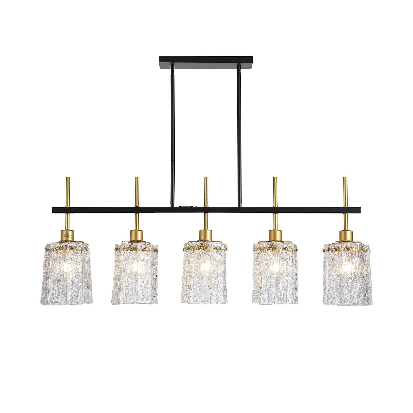 Chandelier 5-Light black and gold fixture with rectangular bar and textured crystal glass shades on Tampa Home & Garden Store