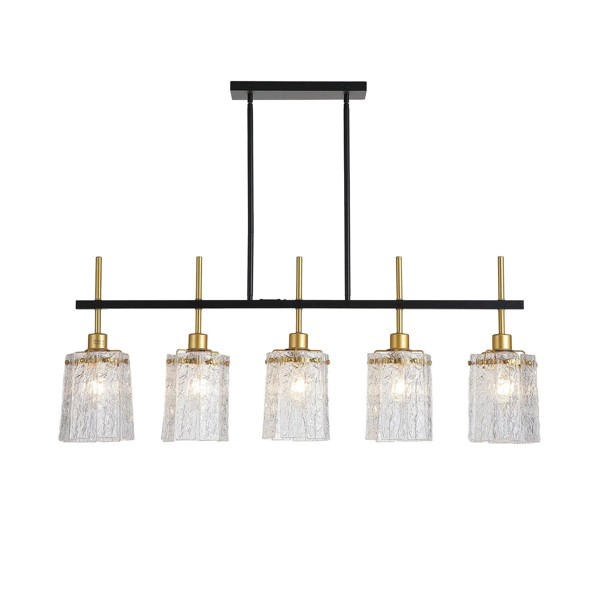 Chandelier 5-Light black and gold fixture with rectangular bar and textured crystal glass shades on Tampa Home & Garden Store
