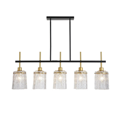 Chandelier 5-Light black and gold fixture with rectangular bar and textured crystal glass shades on Tampa Home & Garden Store