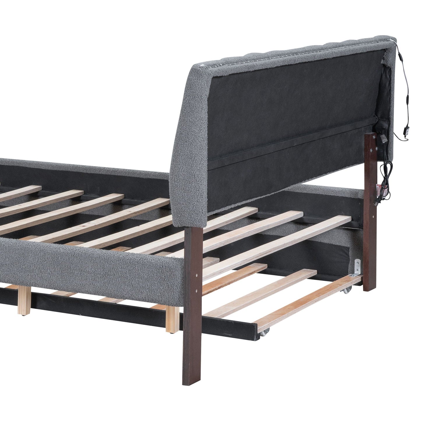 Upholstered platform bed with trundle in grey fabric, black headboard panel, wooden slats on Tampa Home & Garden Store