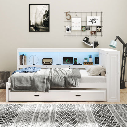 White daybed with under-bed storage drawer, gray bedding, wall-grid display, and desk lamp on Tampa Home & Garden Store