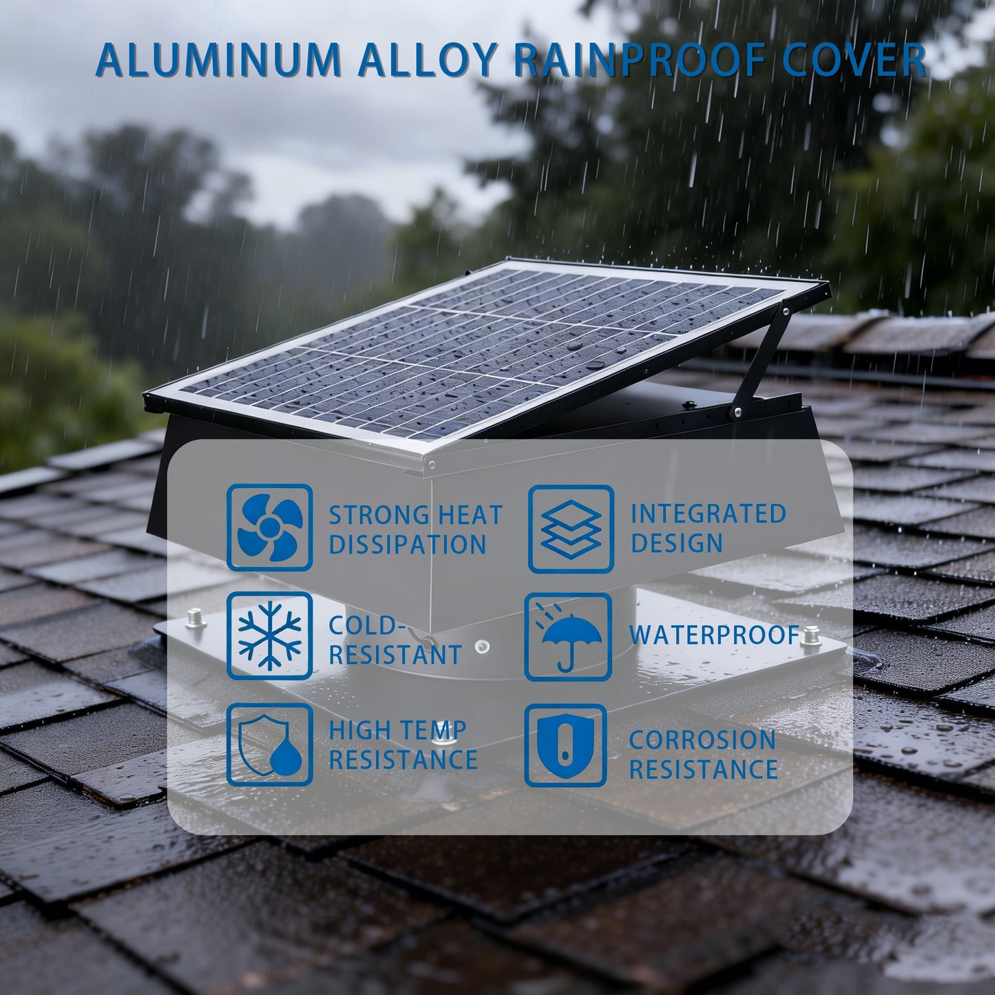 12 Inch Trapezoidal Adjustable Solar Roof Vent Fan by HouseOfZazla on a metal roof in rain on Tampa Home & Garden Store
