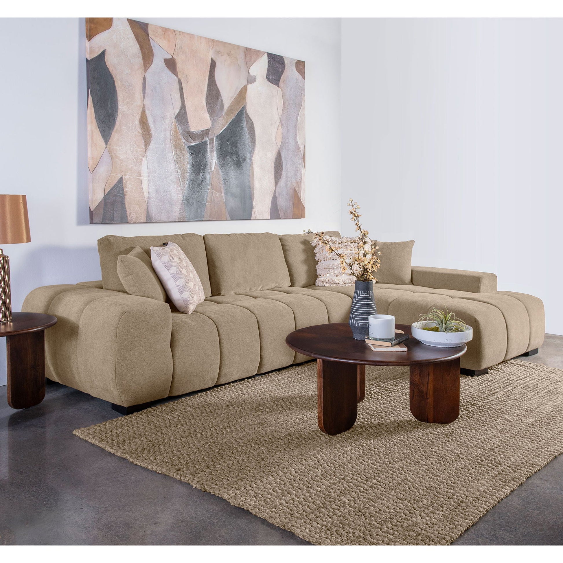Plather Sectional Chaise Sofa beige fabric with plush cushions and wood coffee tables on Tampa Home & Garden Store
