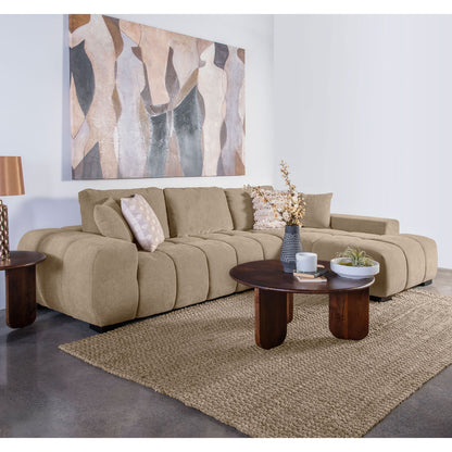 Plather Sectional Chaise Sofa beige fabric with plush cushions and wood coffee tables on Tampa Home & Garden Store