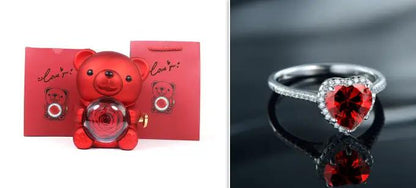 Eternal Rose Teddy Bear Gifts Box two-item set: red bear with glass rose orb and heart ring on Tampa Home & Garden Store