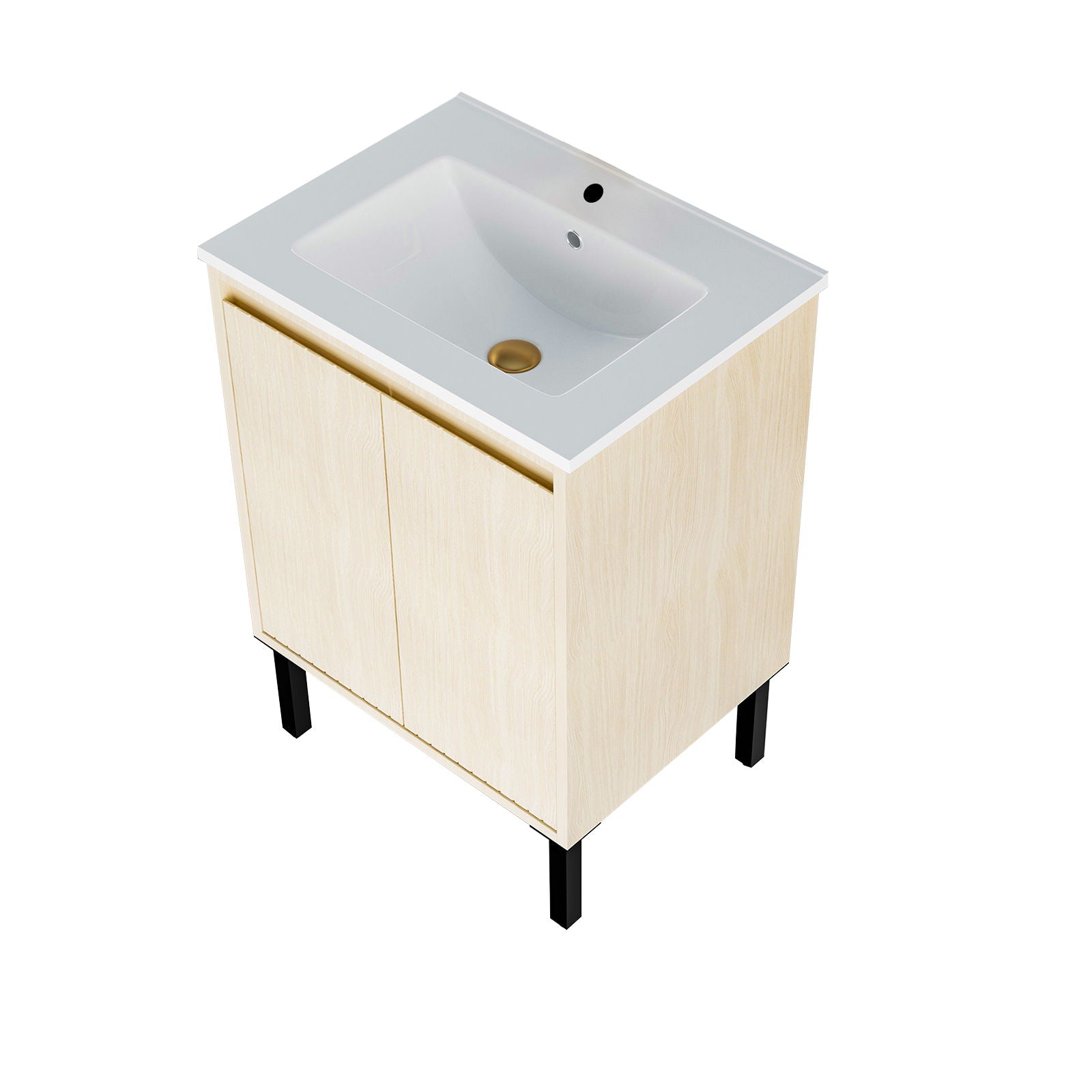 Bathroom vanity with ceramic sink, light wood cabinet, black legs, soft-close drawers on Tampa Home & Garden Store