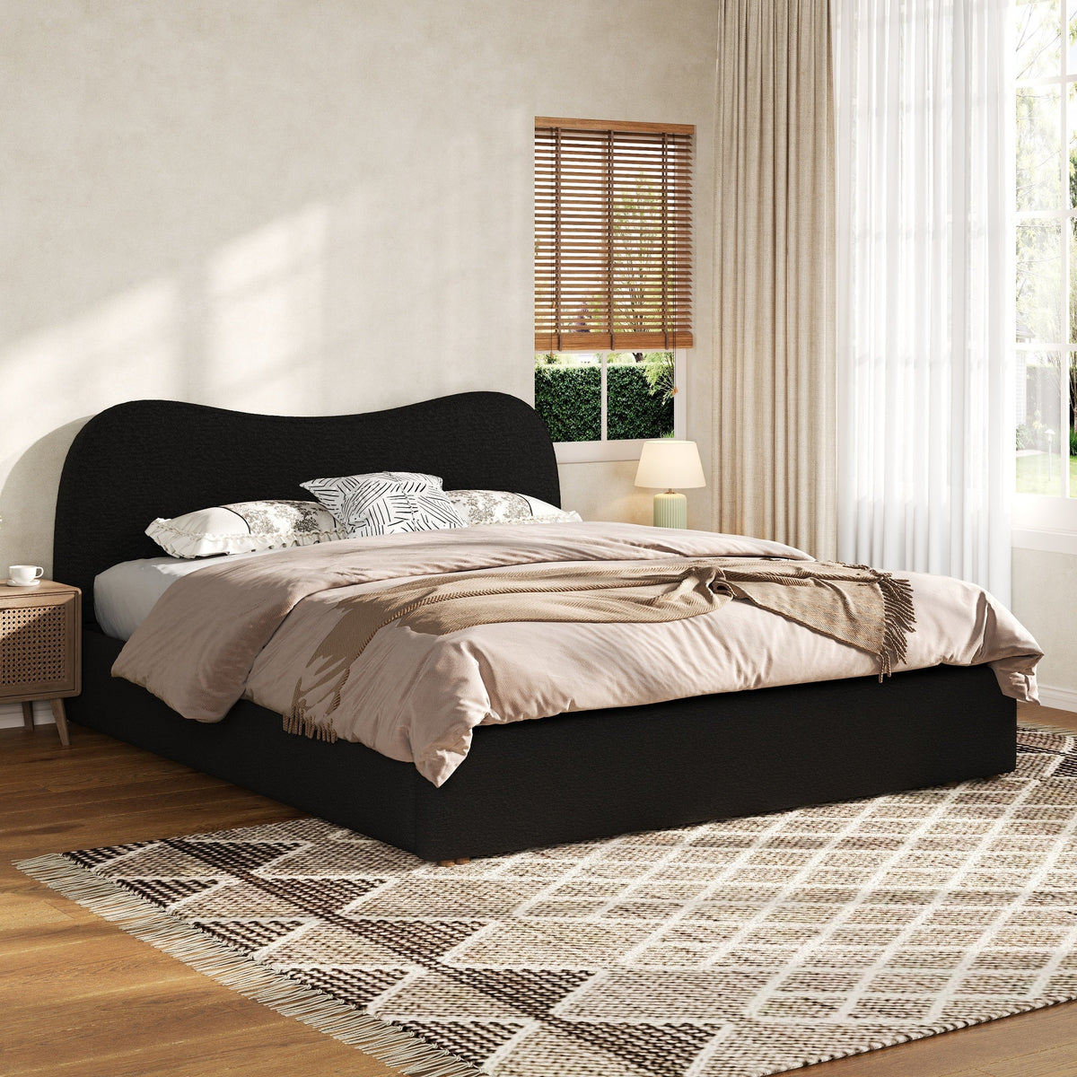Queen Size Upholstered Platform Bed with Wooden Slats in dark charcoal fabric on Tampa Home & Garden Store