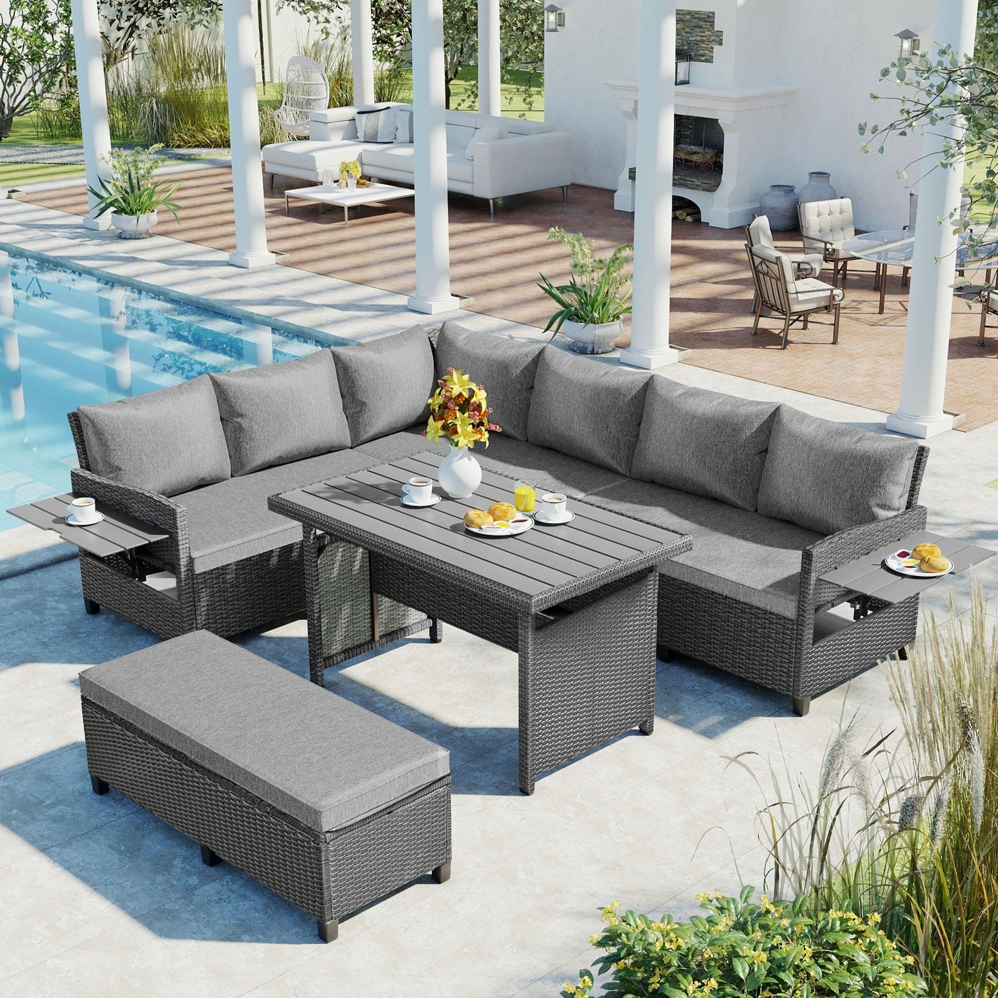 Tomax 5-Piece Outdoor Patio Rattan Sofa Set by HouseOfZazla, grey cushions, wicker frame on Tampa Home & Garden Store