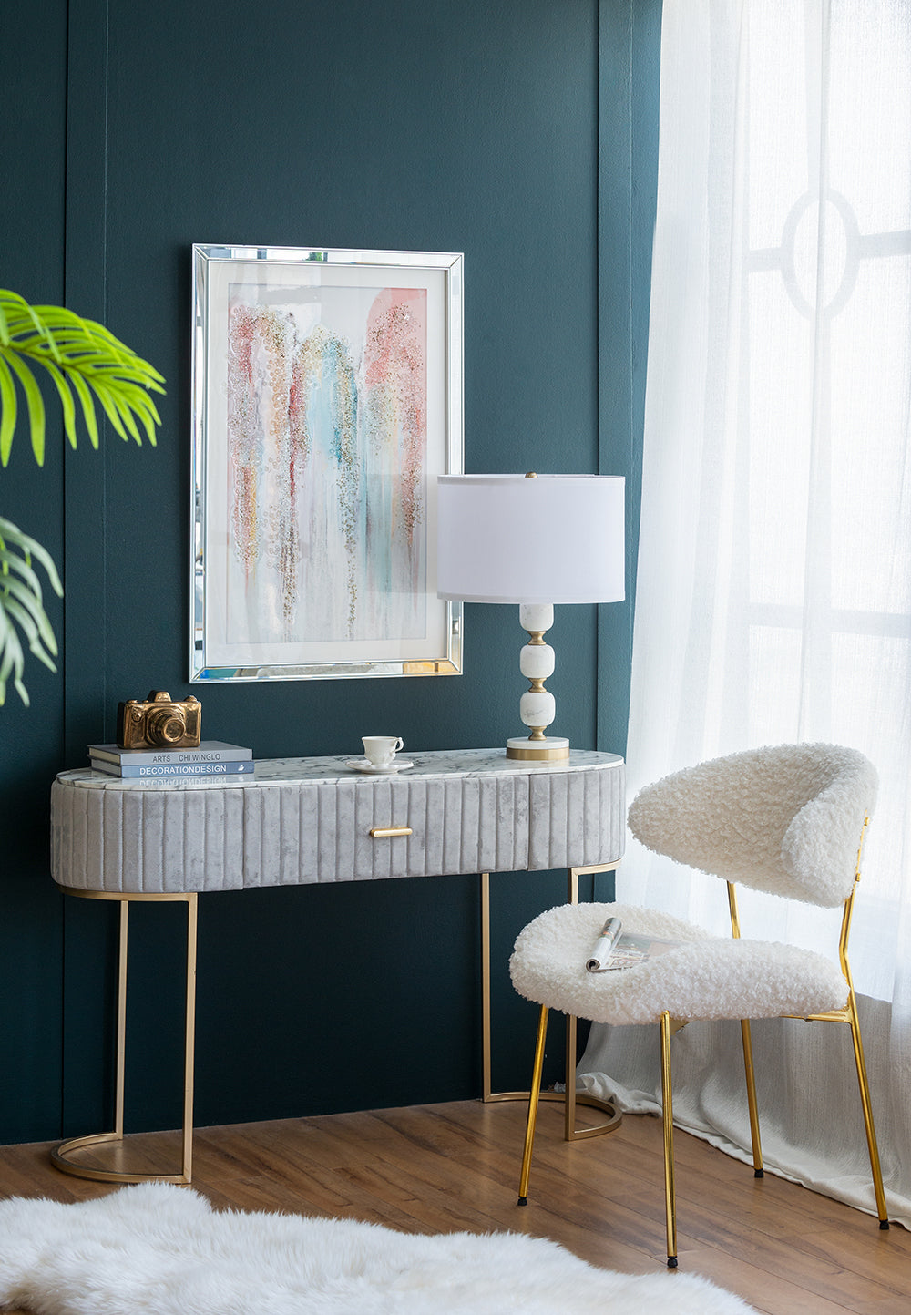 D15x26.5 Table Lamp by HouseOfZazla, white drum shade, stacked orb base with gold accents on Tampa Home & Garden Store
