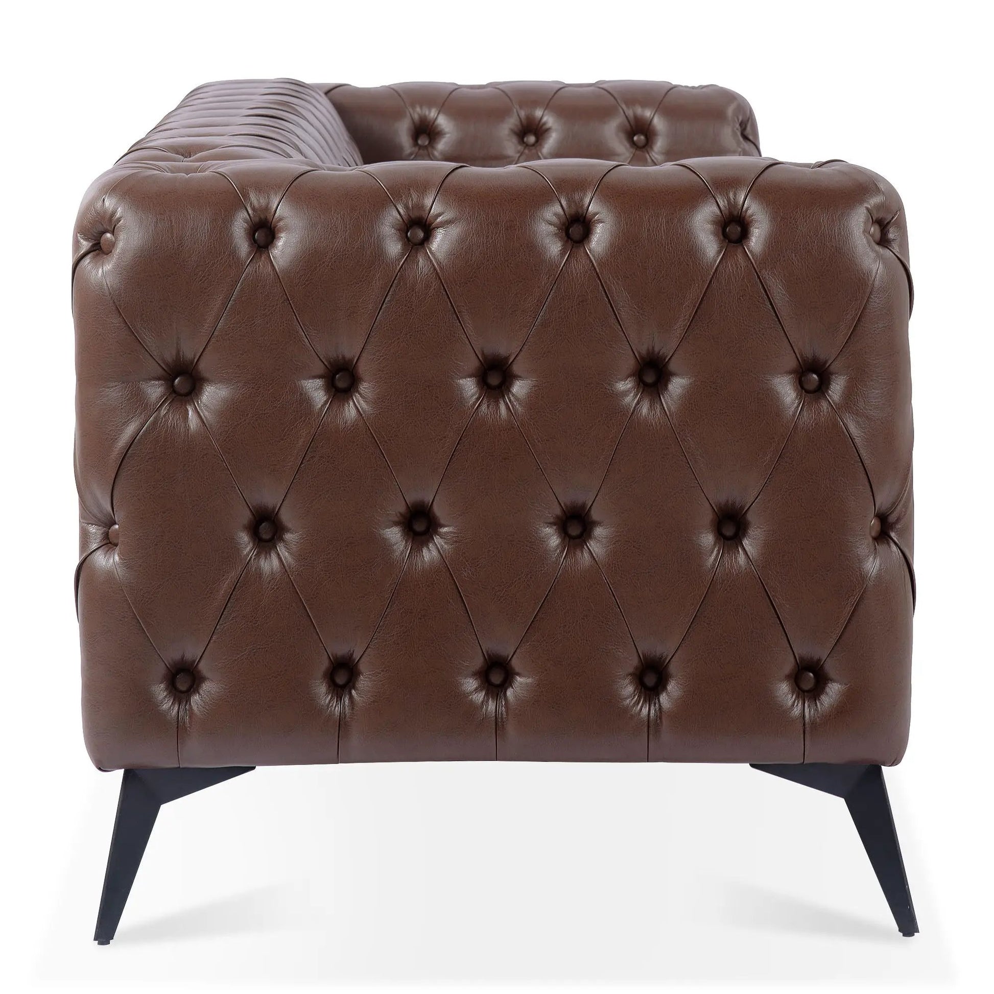 Square Arm Removable Cushion 3 Seater Sofa in brown leather with tufted buttons and black legs on Tampa Home & Garden Store