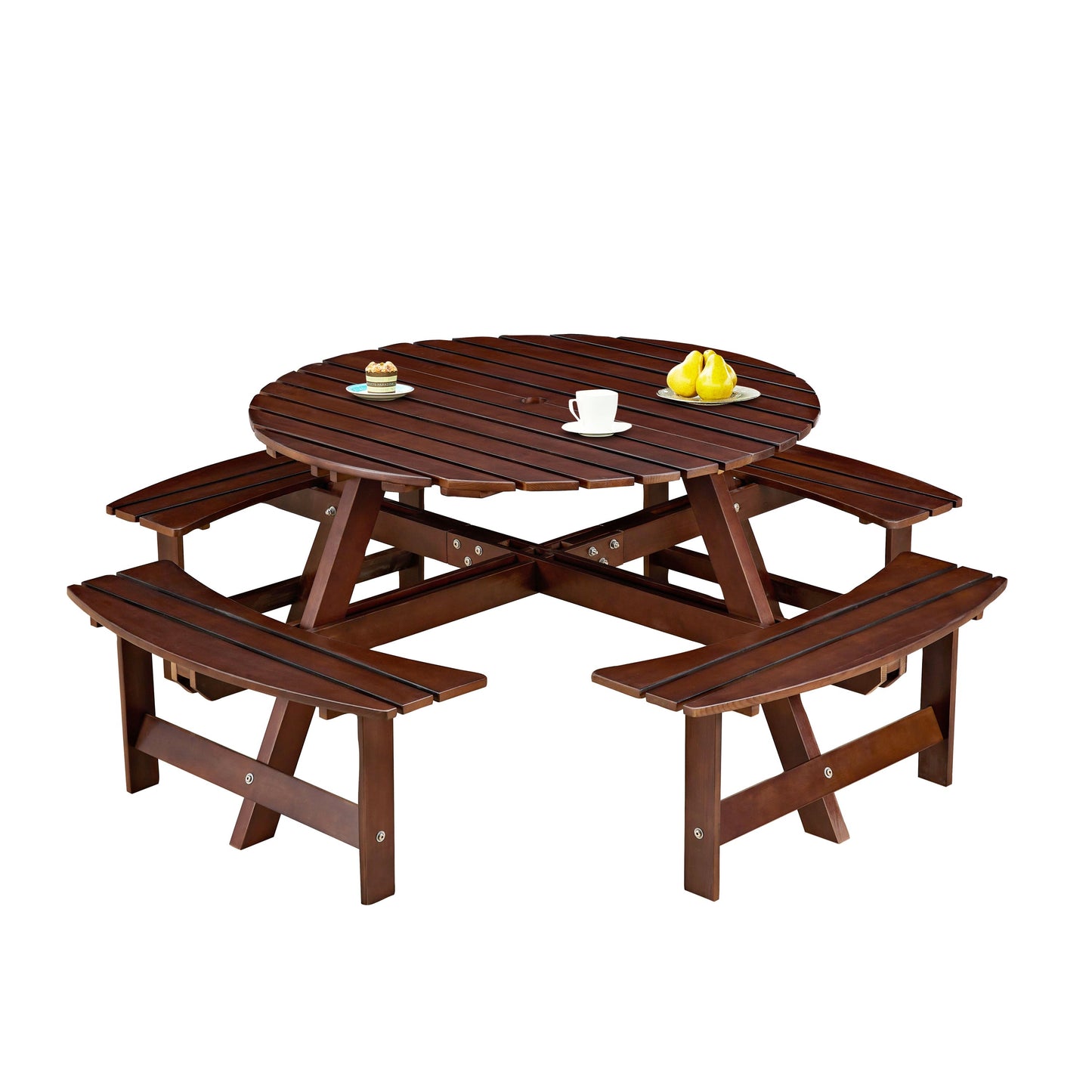 Outdoor 8 Person Round Picnic Table with Built-In Benches brown wood slatted top on Tampa Home & Garden Store