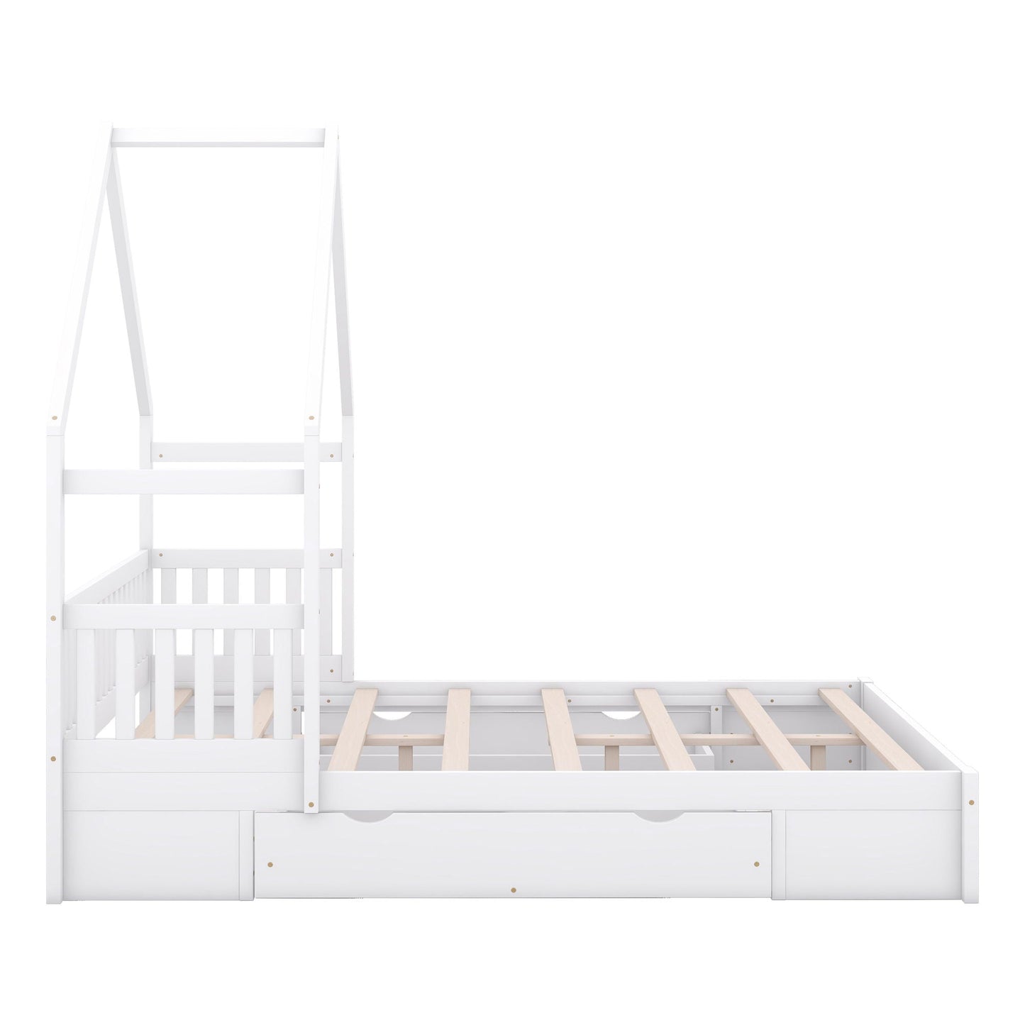 House Style Platform Bed with Guardrail and 2 Drawers, white wooden frame, HouseOfZazla on Tampa Home & Garden Store