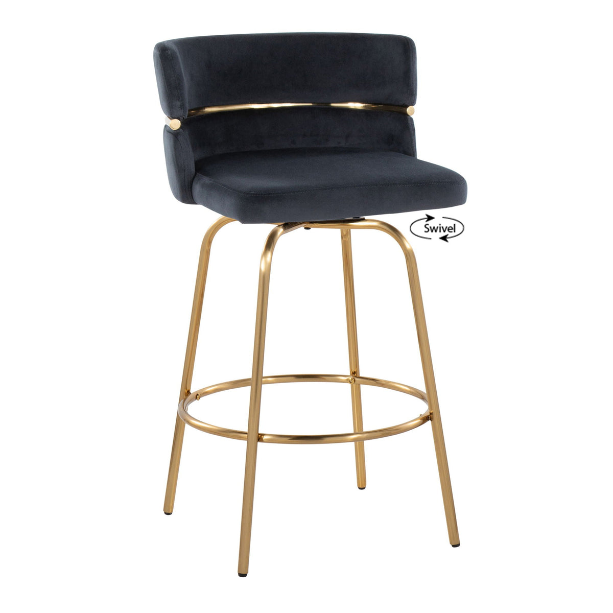 Glam Art Deco fixed-height counter stool, black velvet upholstery, gold swivel base on Tampa Home & Garden Store