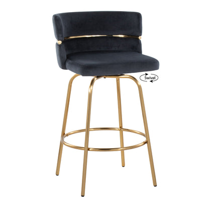 Glam Art Deco fixed-height counter stool, black velvet upholstery, gold swivel base on Tampa Home & Garden Store