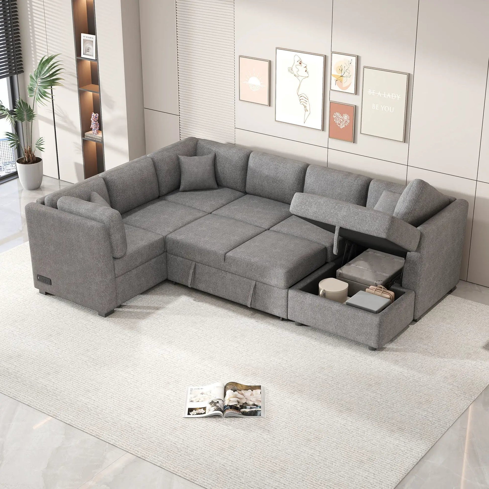 U-shaped sleeper sectional sofa with storage chaise in gray, USB ports and power sockets on Tampa Home & Garden Store