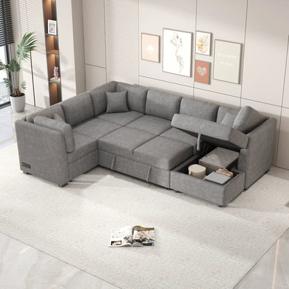 U-shaped sleeper sectional sofa with storage chaise in gray, USB ports and power sockets on Tampa Home & Garden Store