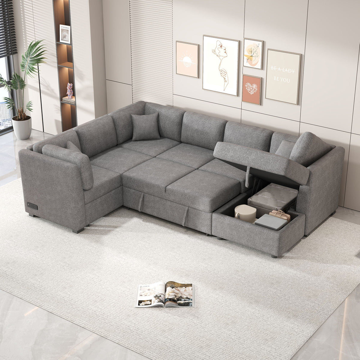 Gray U-shaped sleeper sectional sofa with storage chaise and pull-out bed, three cushions on Tampa Home & Garden Store