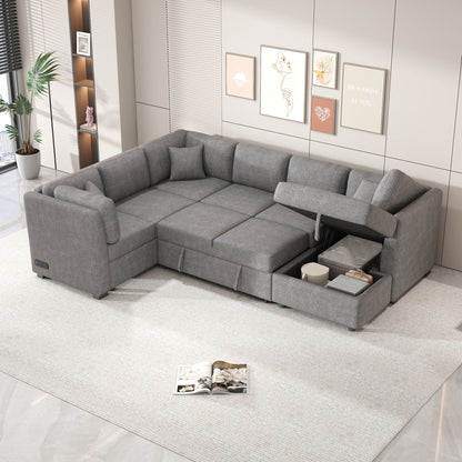 Gray U-shaped sleeper sectional sofa with storage chaise and pull-out bed, three cushions on Tampa Home & Garden Store