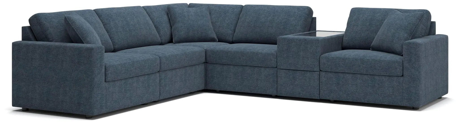 Modmax Sectional Ink, stationary blue fabric sofa by Unique Piece Furniture with glass console on Tampa Home & Garden Store