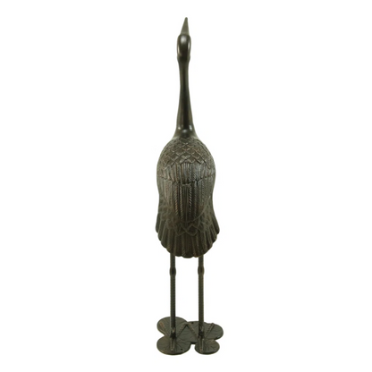 Crane bird sculpture in bronze for outdoor decor by HouseOfZazla with feather details on a base on Tampa Home & Garden Store