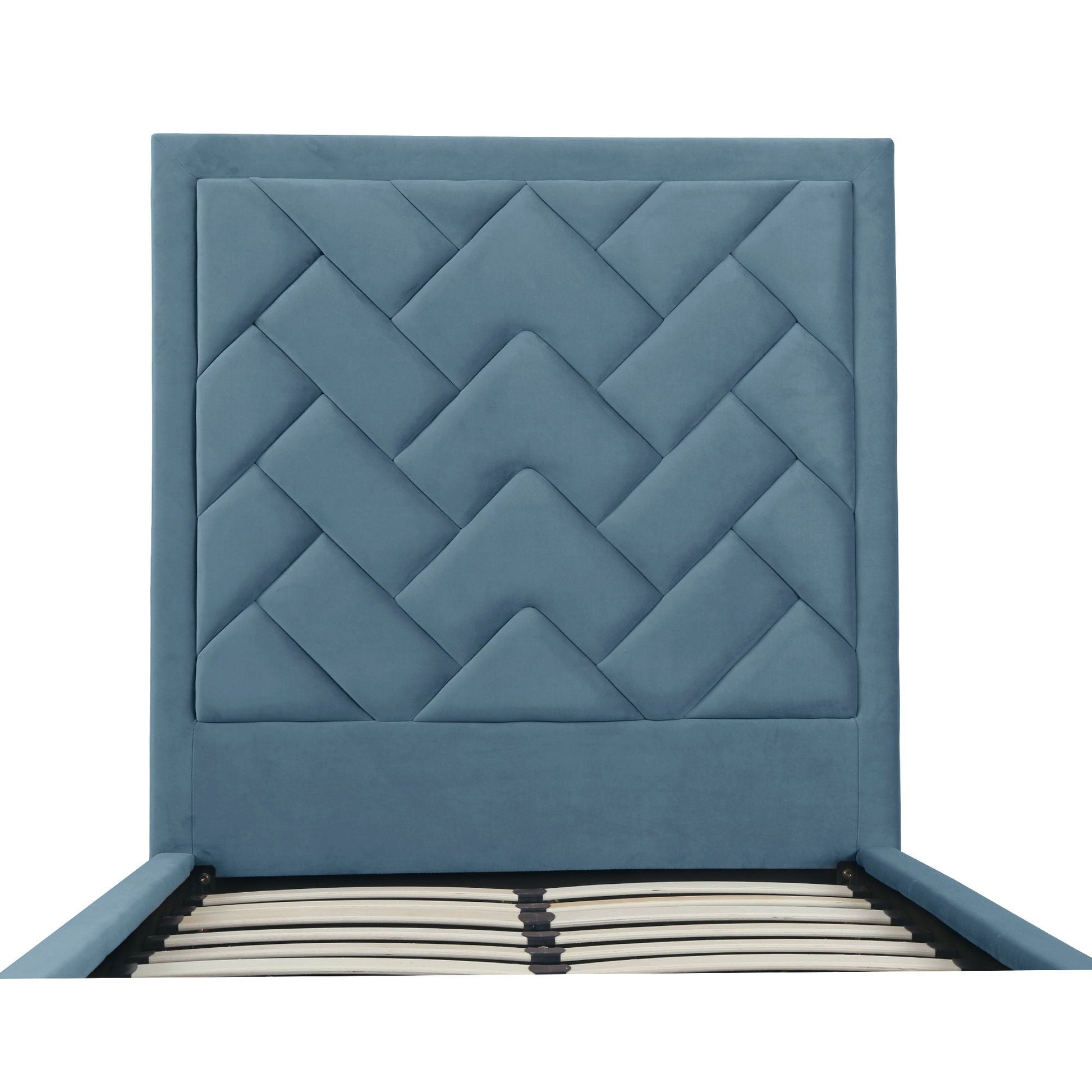 Crosby blue upholstered bed with diamond tufted headboard and slats by HouseOfZazla on Tampa Home & Garden Store