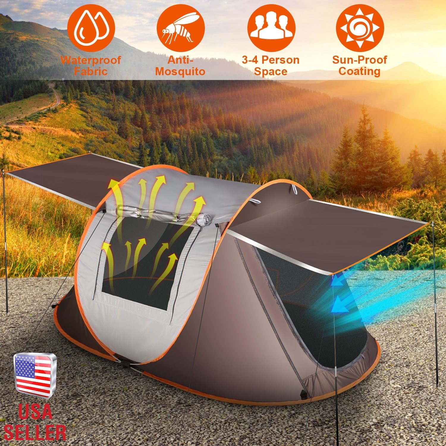 GemGear 3-4 Person Pop-Up Tent gray with orange trim, automatic setup, waterproof on Tampa Home & Garden Store