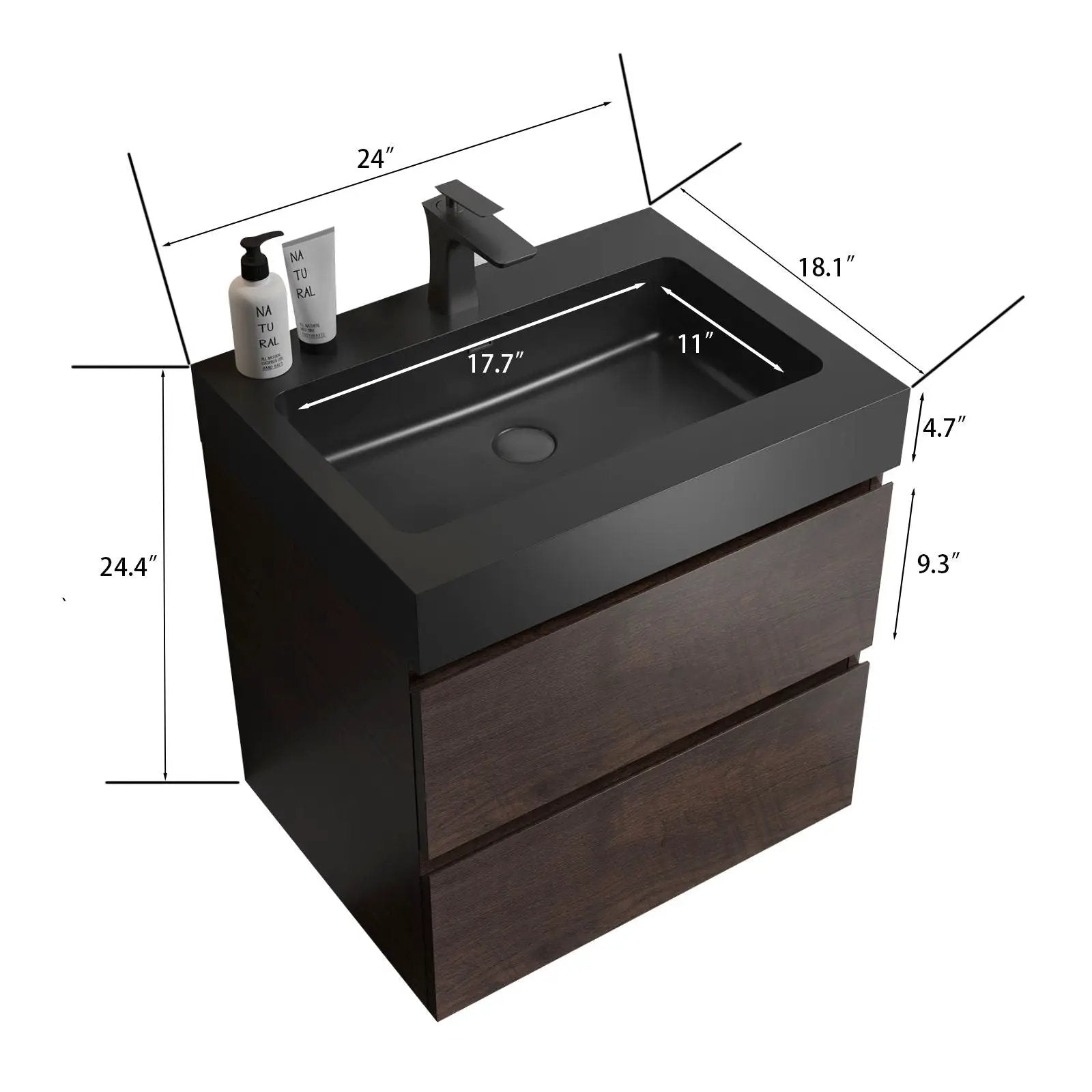 Alice bathroom vanity wall-mounted with sink, black floating vanity with large storage on Tampa Home & Garden Store