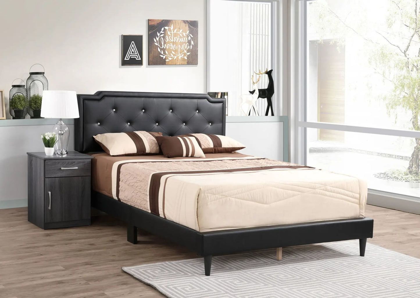Button Tufted Upholstered Bed black headboard beige bedding by Unique Piece Furniture on Tampa Home & Garden Store