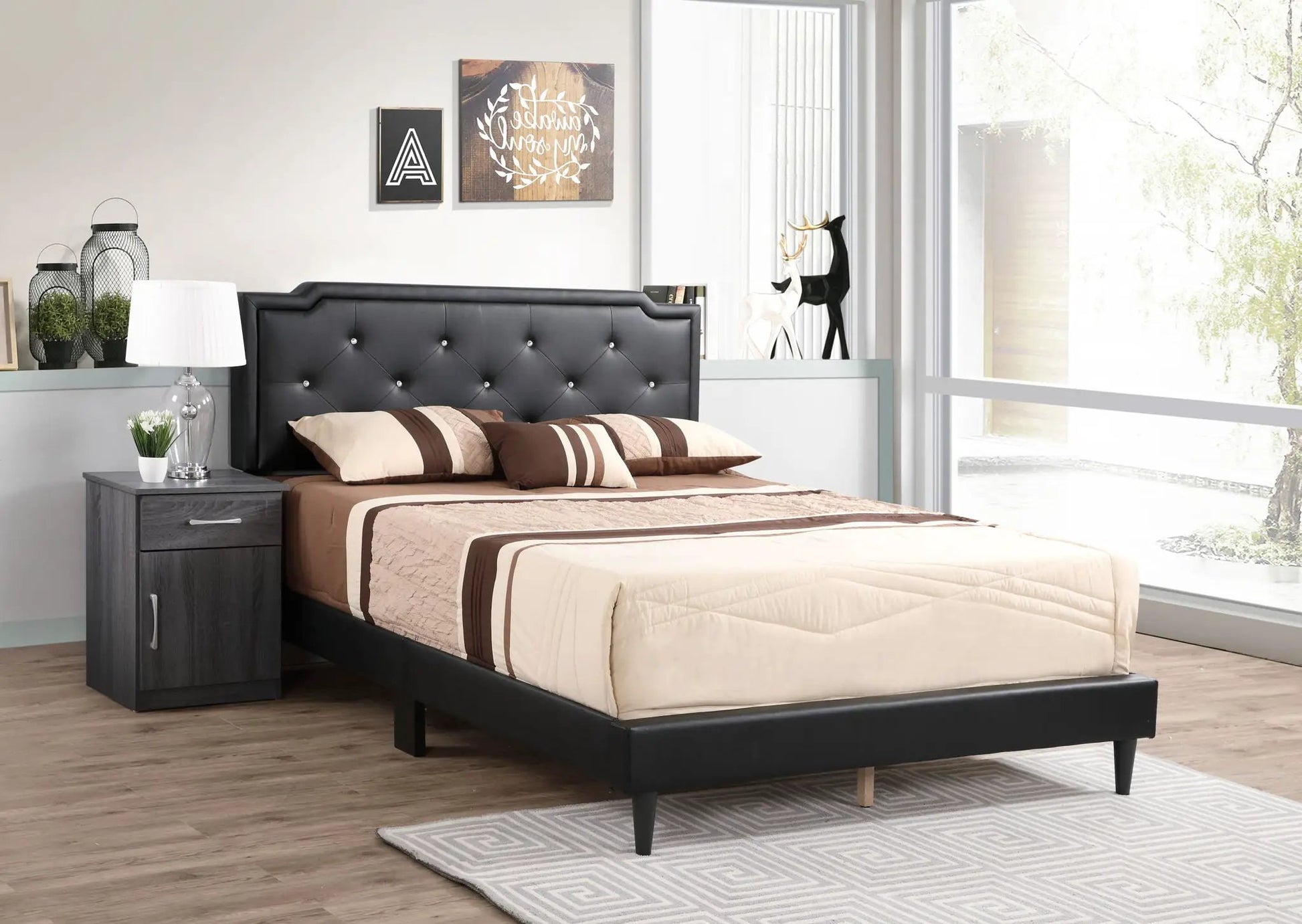 Button Tufted Upholstered Bed black headboard beige bedding by Unique Piece Furniture on Tampa Home & Garden Store