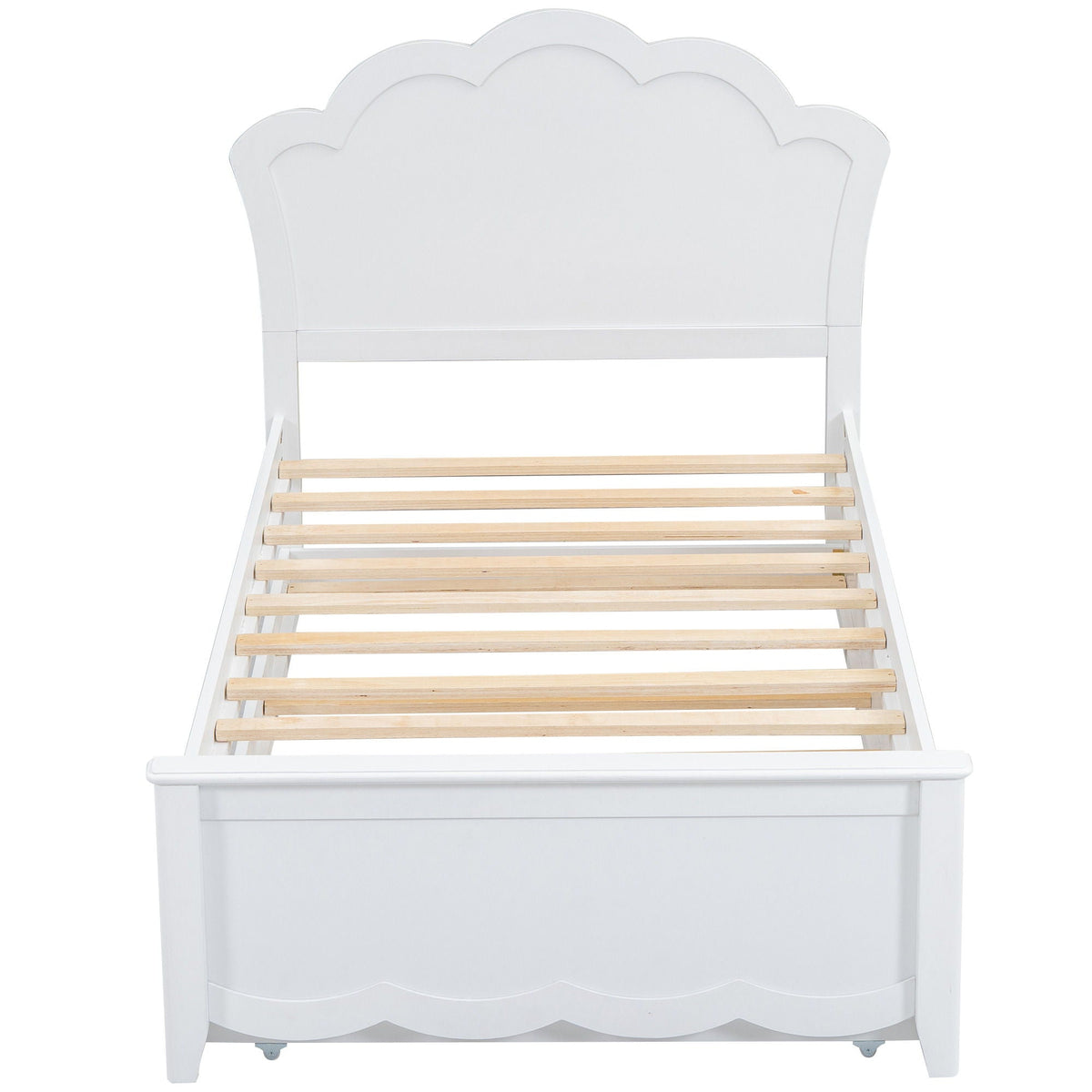 Platform bed with white scalloped cloud headboard and natural wood slats, trundle frame on Tampa Home & Garden Store