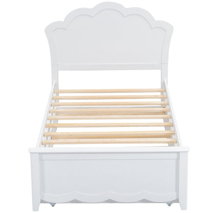 Platform bed with white scalloped cloud headboard and natural wood slats, trundle frame on Tampa Home & Garden Store