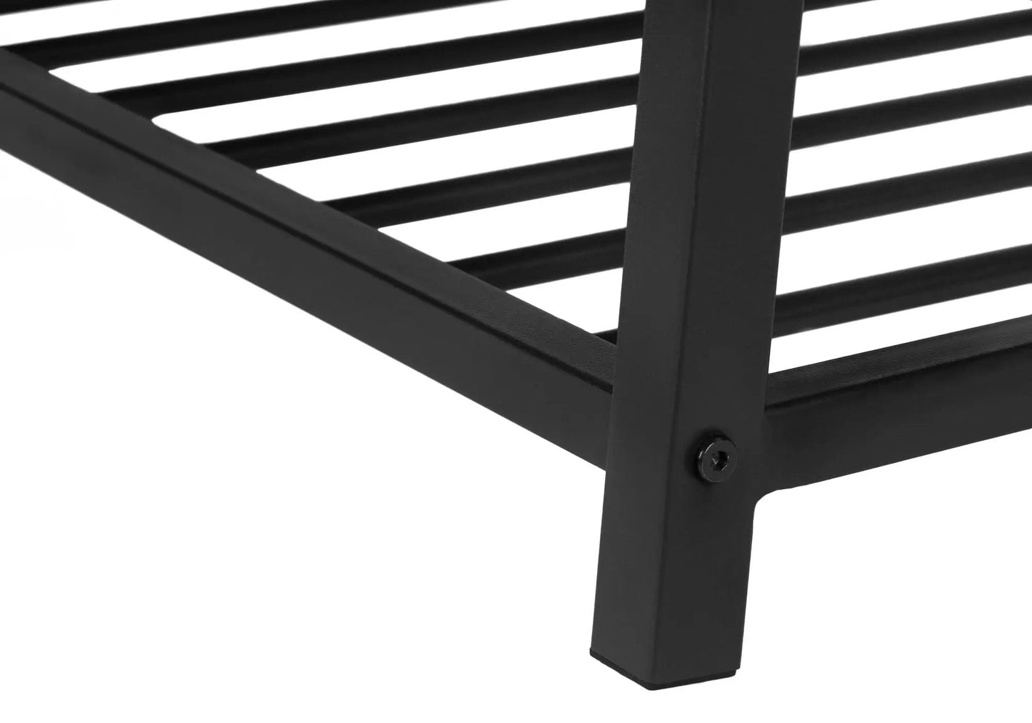 Rectangular storage bench in black metal with a slatted frame and exposed screws on Tampa Home & Garden Store