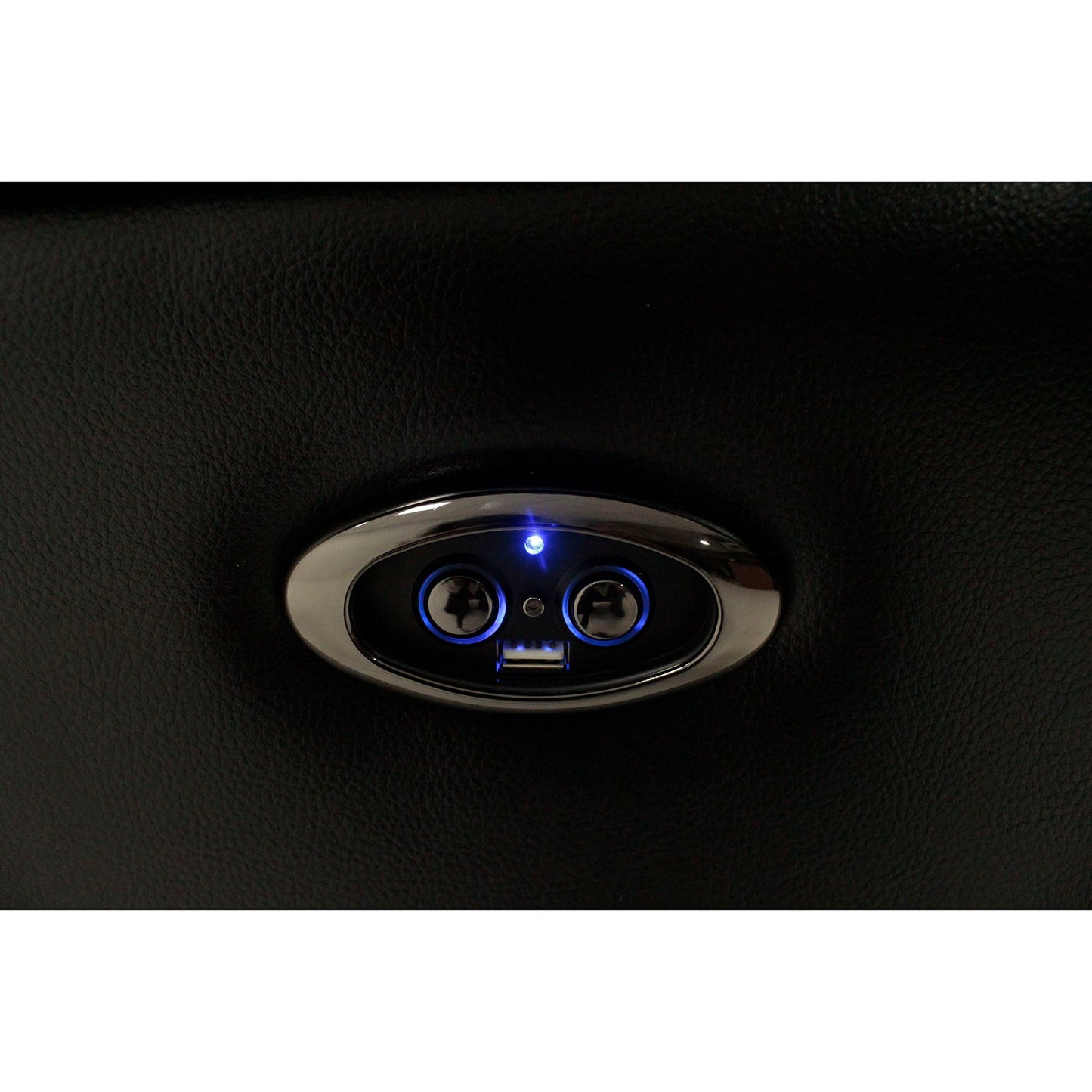 Jupiter leather sectional chrome-ringed circular control panel on black textured surface on Tampa Home & Garden Store